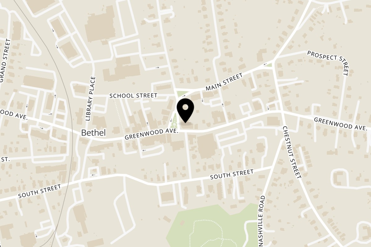 Map showing the location of Phen Thai Kitchen on 1 P T Barnum Square in Bethel